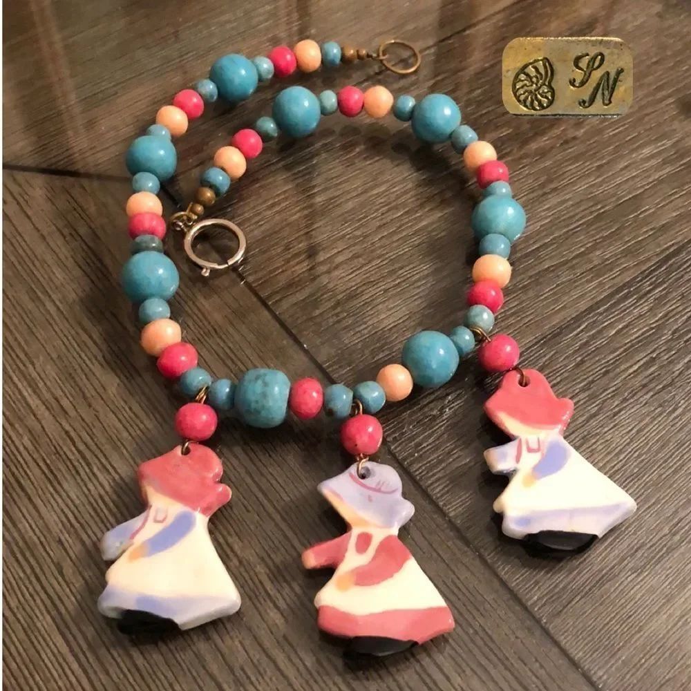 Vintage Ceramic Bead Necklace With Prairie Girls / Holly Hobbie 1980’s